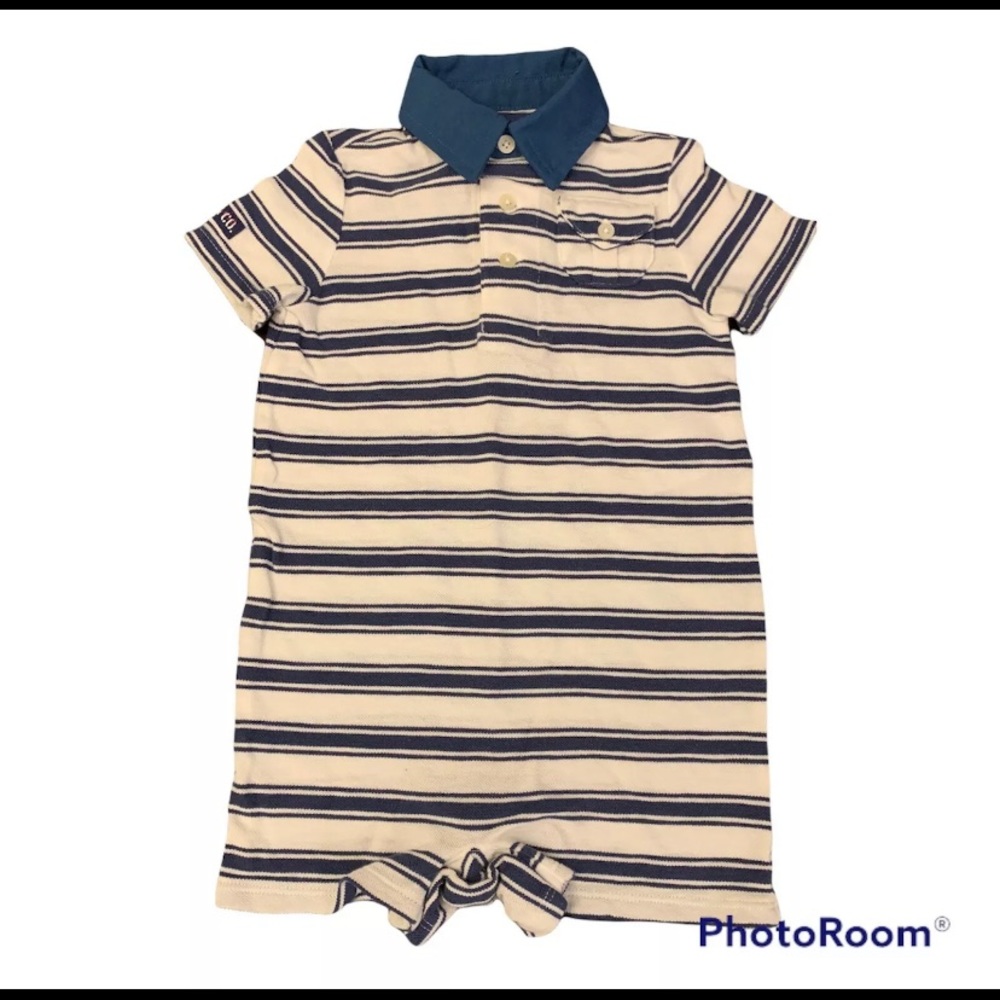 SOLD-Ralph Lauren Baby Boy 18 Months Romper White w/Blue Stripe